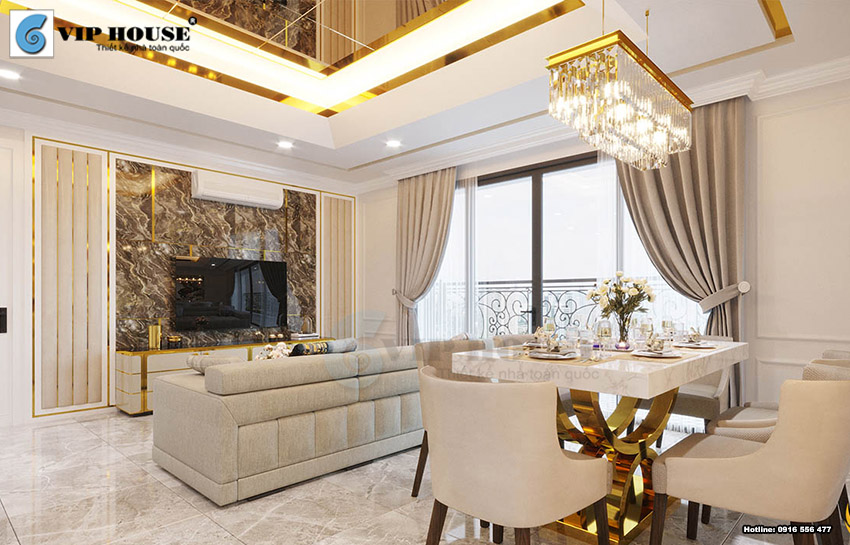 Thiết kế nội thất phòng khách kết hợp bếp ăn chung cư quận Hà Đông 