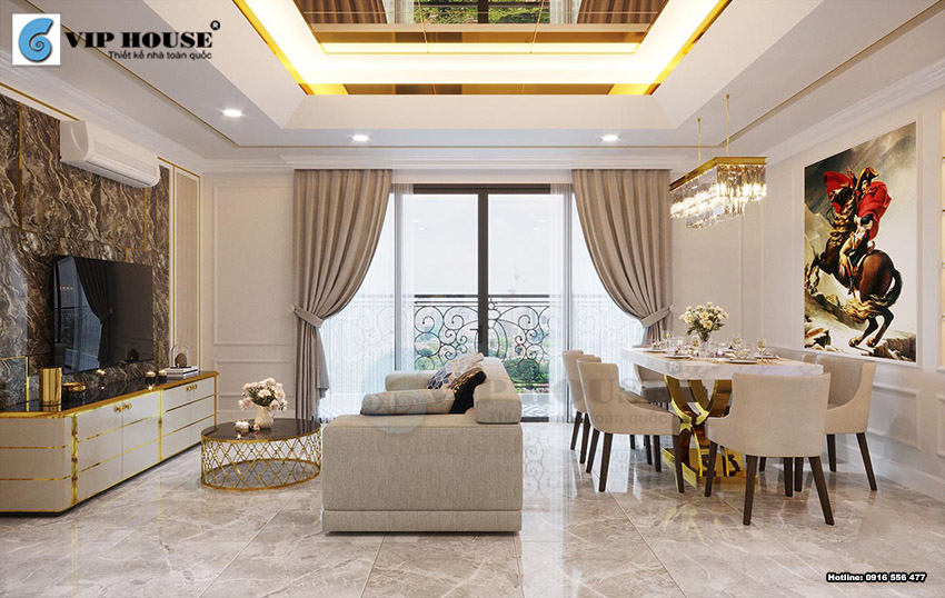 Thiết kế nội thất phòng khách chung cư quận Hà Đông phong cách tân cổ điển