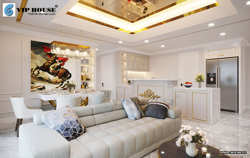 Thiết kế nội thất khách bếp tân cổ điển chung cư quận Hà Đông 