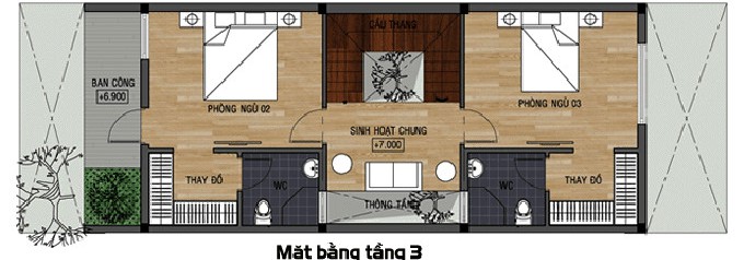 Mặt bằng bố trí nội thất tầng 3 nhà ống Mặt bằng bố trí nội thất tầng 3 nhà ống