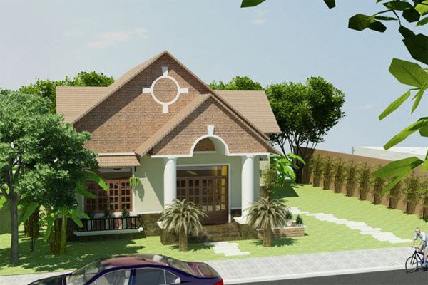 Mẫu nhà cấp 4 thân thiện, gần gũi. Mẫu nhà cấp 4 với phần mái lợp ngói và ốp đá màu nâu tạo cảm giác thân thiện