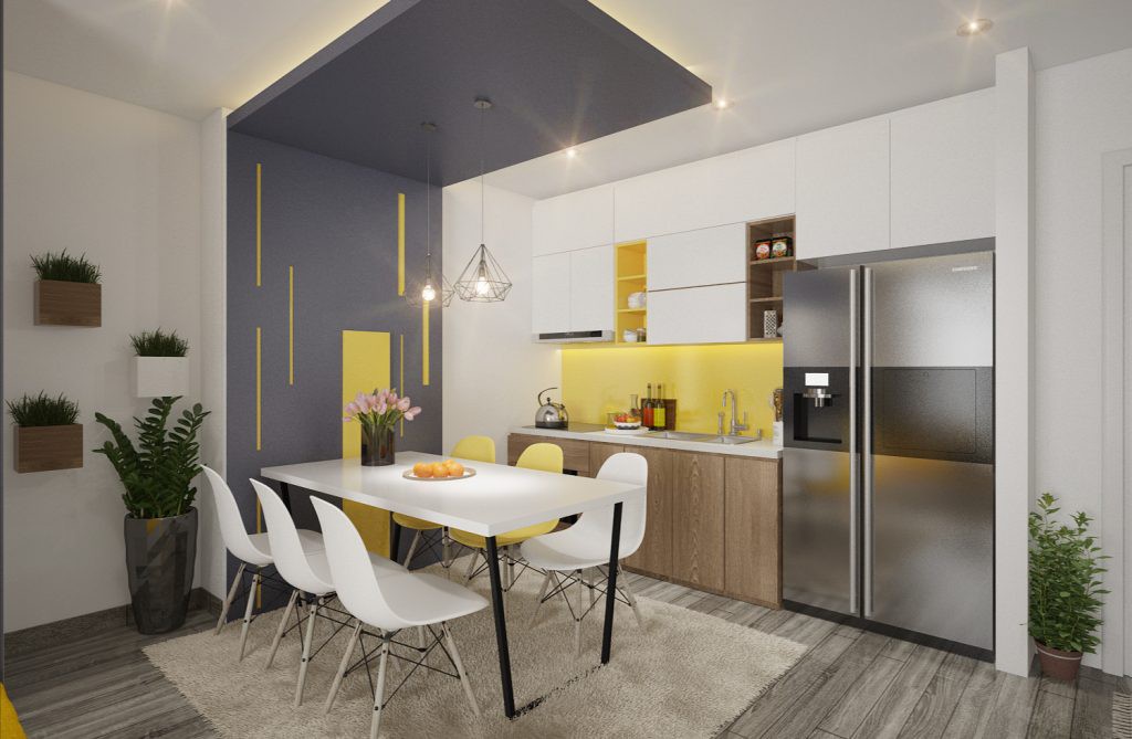 Phòng bếp tích hợp không gian ăn uống tiện nghi và ấm cúng với những điểm nhấn màu vàng chanh tinh tế trên nền trung tính chủ đạo.