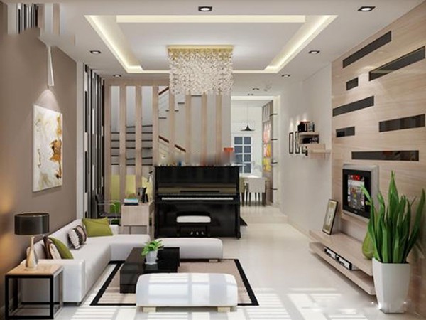 Mẫu thiết kế nội thất phòng khách nhà ống hiện đại, sang trọng với lối bài trí tối giản.