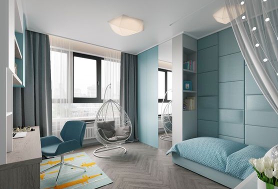 Phòng ngủ con gái tuổi teen Phòng con gái tuổi teen với bảng màu xanh nhẹ nhàng, tinh tế. Căn phòng đủ rộng để tích hợp góc học tập, ghế treo thư giãn.