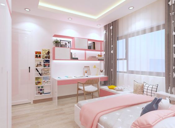 Phòng ngủ con gái đẹp Phòng ngủ con gái với bảng màu hồng - trắng kết hợp ăn ý mang đến vẻ đẹp lãng mạn, nữ tính cho không gian ngủ nghỉ.
