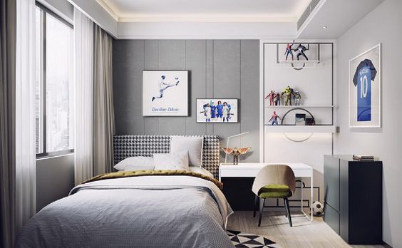 Phòng ngủ kết hợp góc học tập, làm việc dành cho cậu con trai lớn. Với cửa sổ kính trong suốt, căn phòng ngập tràn ánh sáng tự nhiên, không cần điện thắp sáng vào ban ngày.