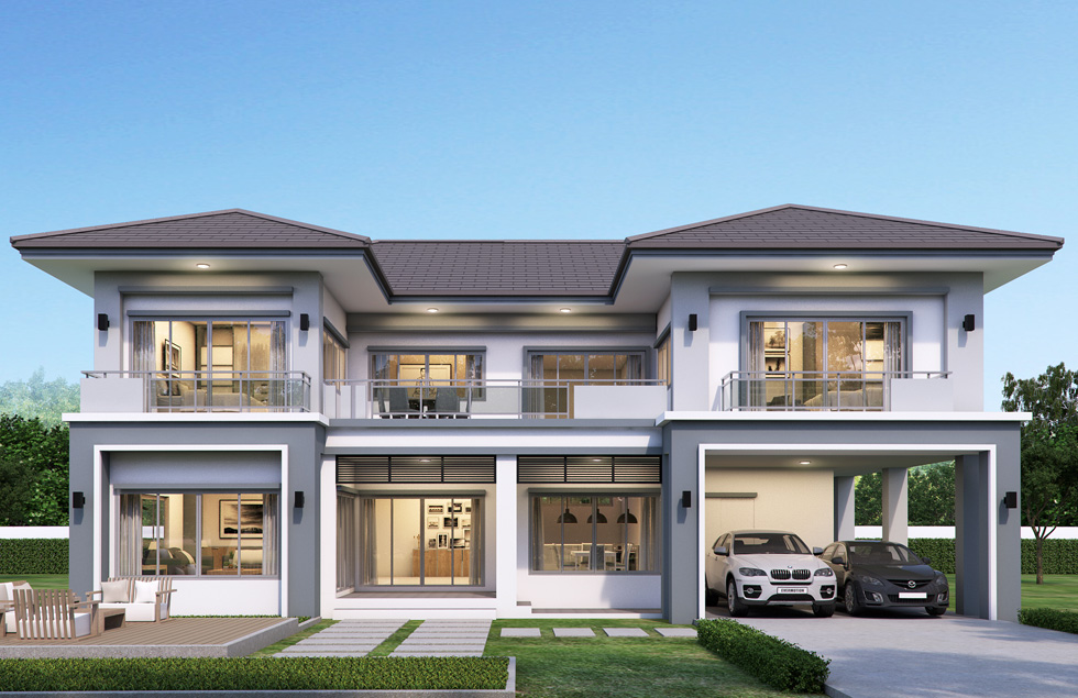 Mẫu nhà vuông 2 tầng mái thái có gara