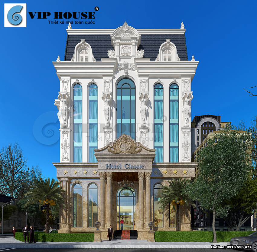 Mặt tiền sang trọng của mẫu thiết kế khách sạn 3 sao 6 tầng cổ điển