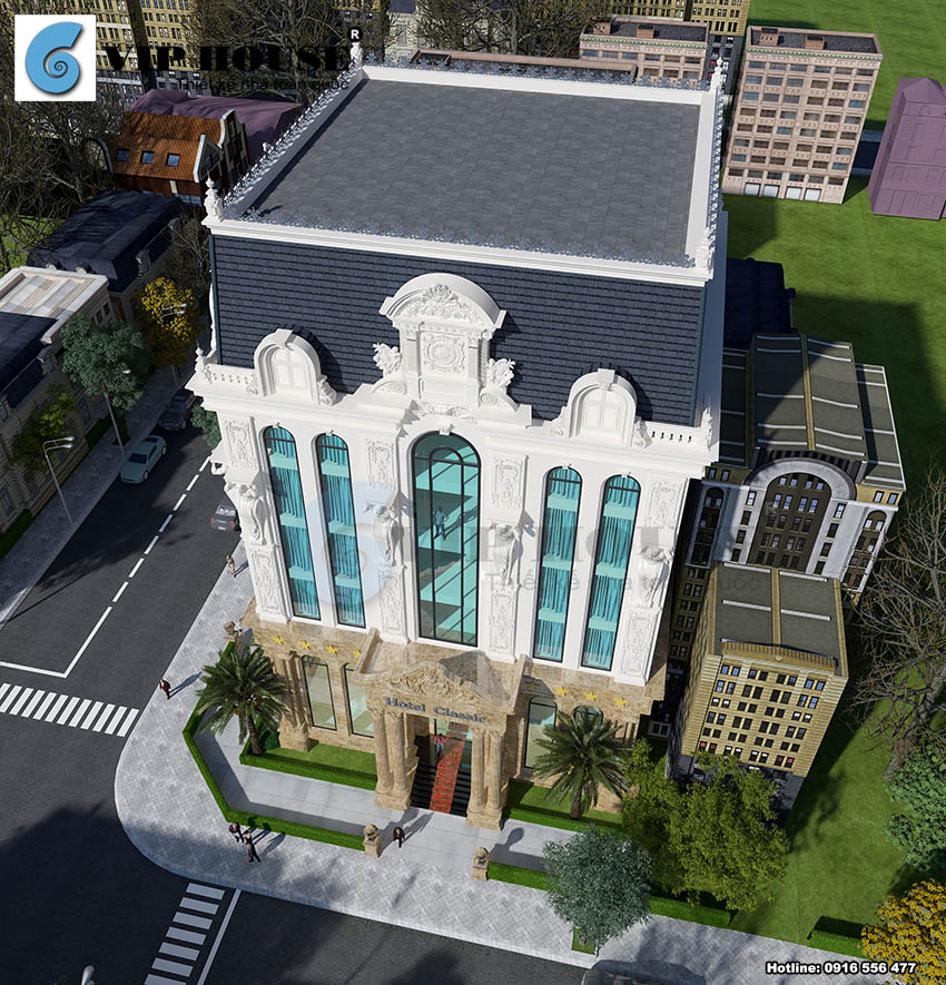 Tổng thể phối cảnh mẫu thiết kế khách sạn 3 sao kiến trúc cổ điển mang thẩm mỹ cuốn hút