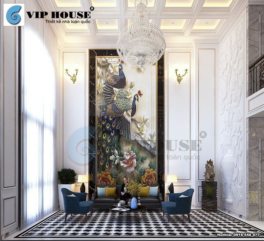 Nội thất khu vực sảnh khách sạn nội thất khu vực sảnh nổi bật với bức họa chim công hoa mẫu đơn ấn tượng và nổi bật