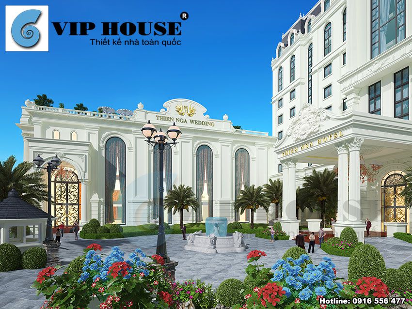 Cảnh quan chung của mẫu thiết kế khách sạn 4 sao với khuôn viên đầy màu sắc