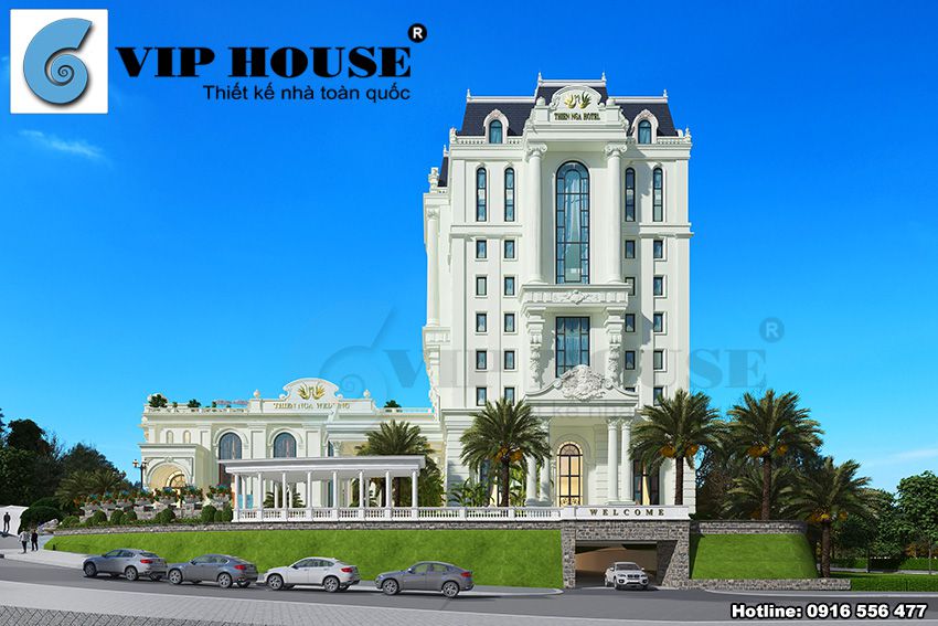 Công trình khách sạn 4 sao tân cổ điển được thiết kế với khuôn viên rộng cùng cảnh quan cây xanh bao quanh