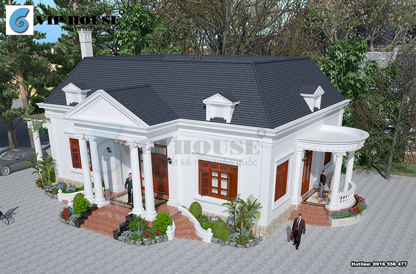 View nhìn tổng thể công trình thiết kế biệt thự kiểu Pháp 1 tầng xây dựng với chi phí khoảng 1,5 tỷ