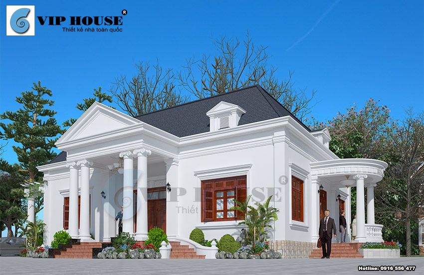 Mẫu thiết kế biệt thự Pháp đẹp lấy gam màu trắng chủ đạo kết hợp mái ngói xanh sang trọng