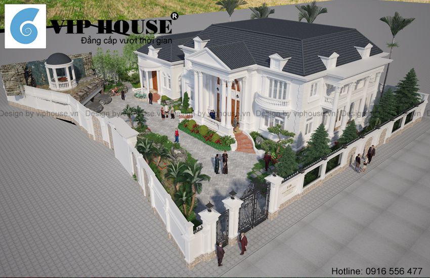 Mẫu thiết kế biệt thự kiểu Pháp 2 tầng với khuôn viên sân vườn lớn diện tích 350m2/sàn