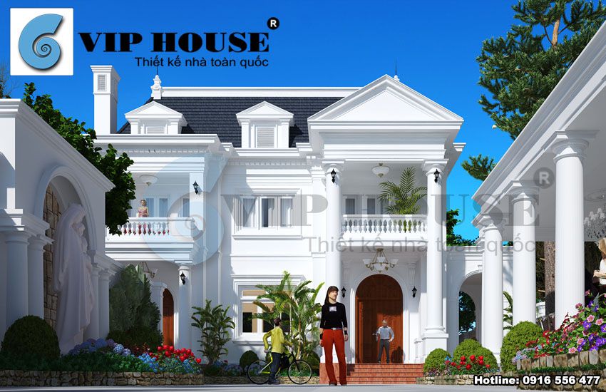 Mẫu biệt thự Pháp 2 tầng gam màu trắng tinh tế kết hợp mái marsand ấn tượng